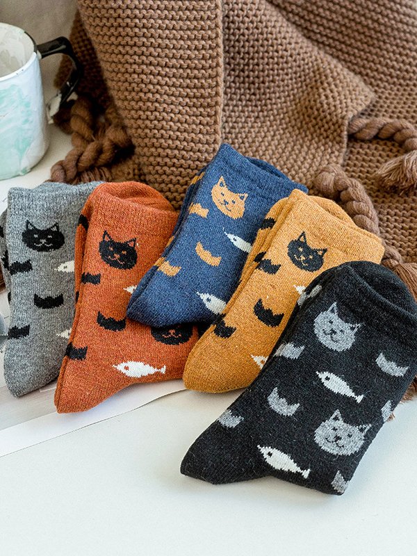 Cat Pattern Cotton Socks Autumn Winter Warm Accessories Random Color