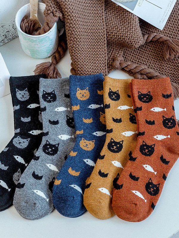 Cat Pattern Cotton Socks Autumn Winter Warm Accessories Random Color