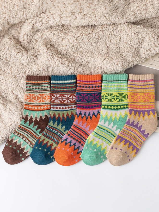 Multicolor Ethnic Pattern Cotton Socks Autumn Winter Casual Home Warm Accessories Random Color