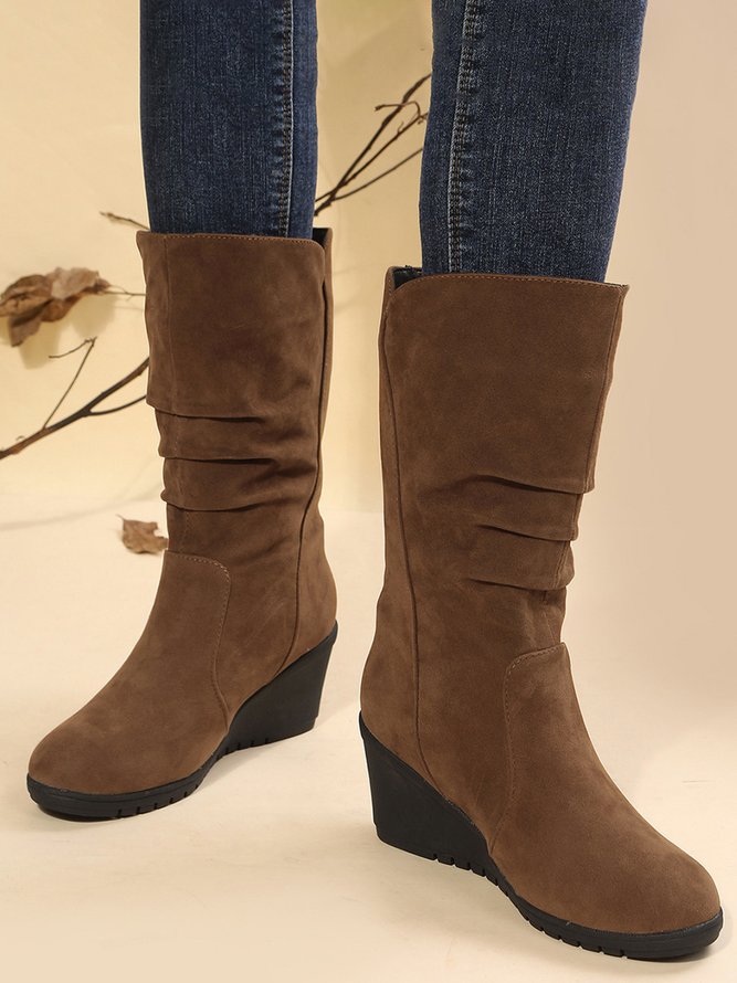 Plus Size Casual Side Zip Faux Suede Wedge Boots