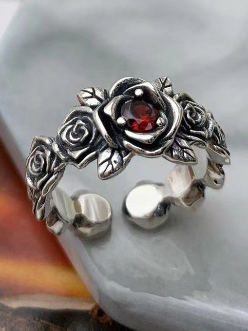 Silver Aged Red Gemstone Rose Pattern Ring Valentine's Day Gift Jewelry