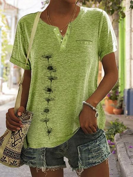 Buttoned Casual V Neck Floral Short Sleeve T-Shirt