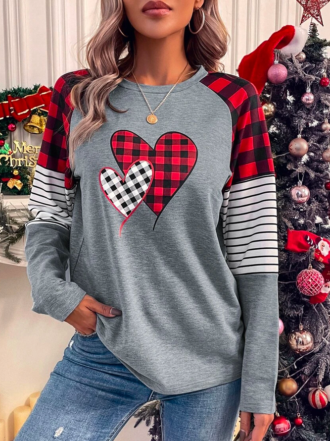 Valentine's Day Casual Crew Neck Loose Color Block T-Shirt