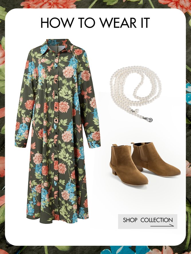 Floral Pockets Midi Dress Long Sleeve Weaving Dress