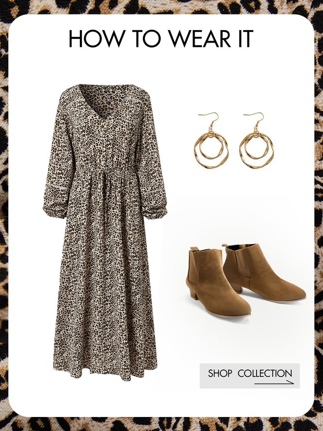 Leopard Long Sleeve Vintage Weaving Dress