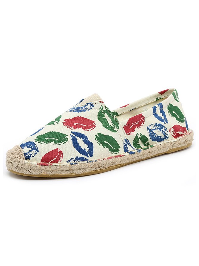Women's canvas woven flat shoes in colorful lip print