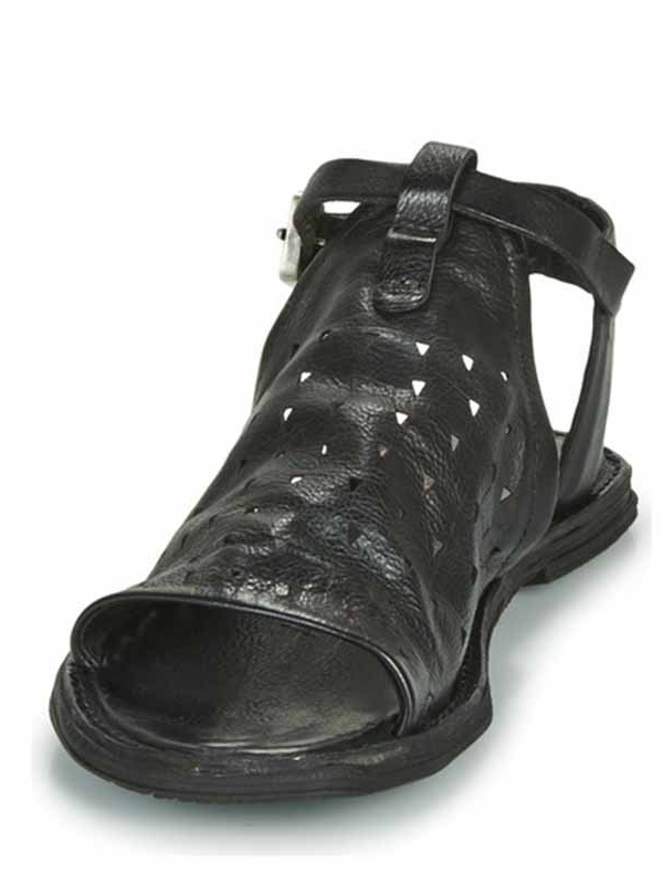Black Flat Heel Leather Sandals