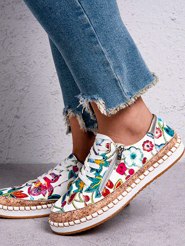 Wear-resistant lace-up flat women's loafers in floral print