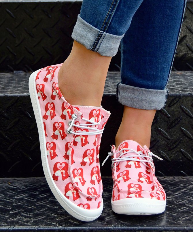 (small-size) Valentine's Day Heart Graphic-Print Denim Lace-Up Canvas Flats