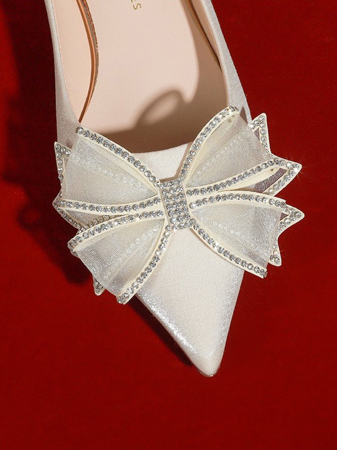 White Silk Surface Rhinestone Mesh Bow Bridal Shoes
