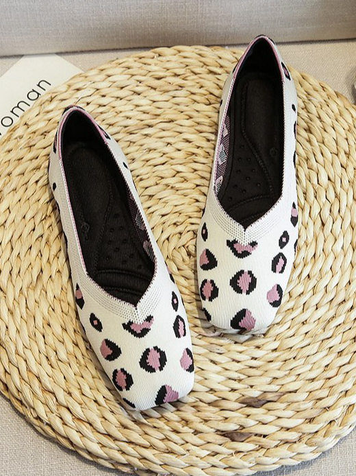Spring Leopard Elegant Polyester Square Toe Mesh Fabric Rubber Slip On Shallow Shoes Women's Shoes for Women