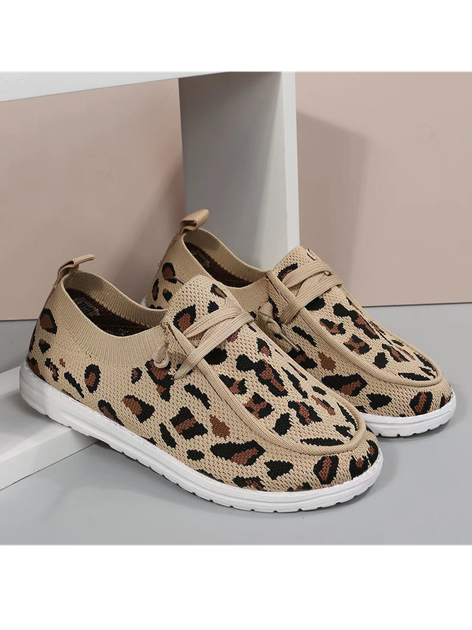 Leopard Print Color Matching Fly Knitting Sleeves Non-slip Moccasin Shoes Casual Women's Shoes