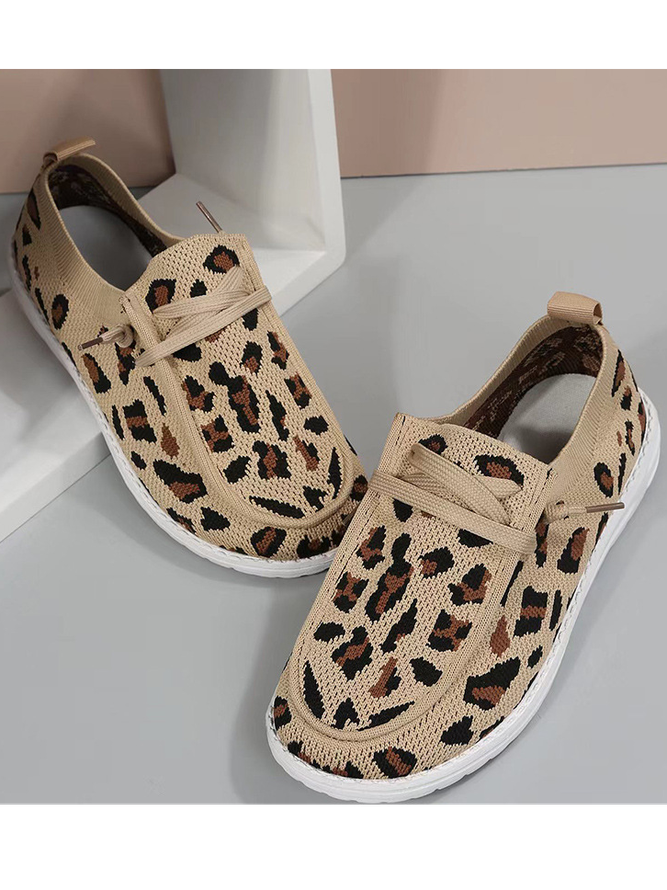 Leopard Print Color Matching Fly Knitting Sleeves Non-slip Moccasin Shoes Casual Women's Shoes