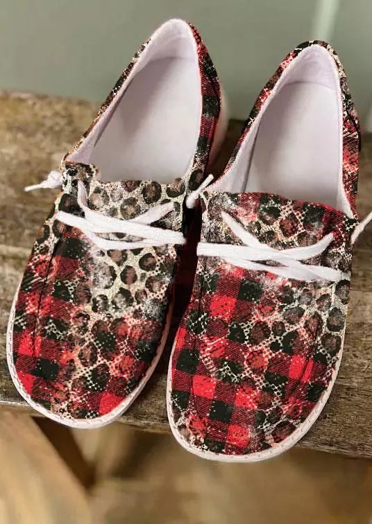 Plaid print patchwork women's slip on Moccasins with round toe
