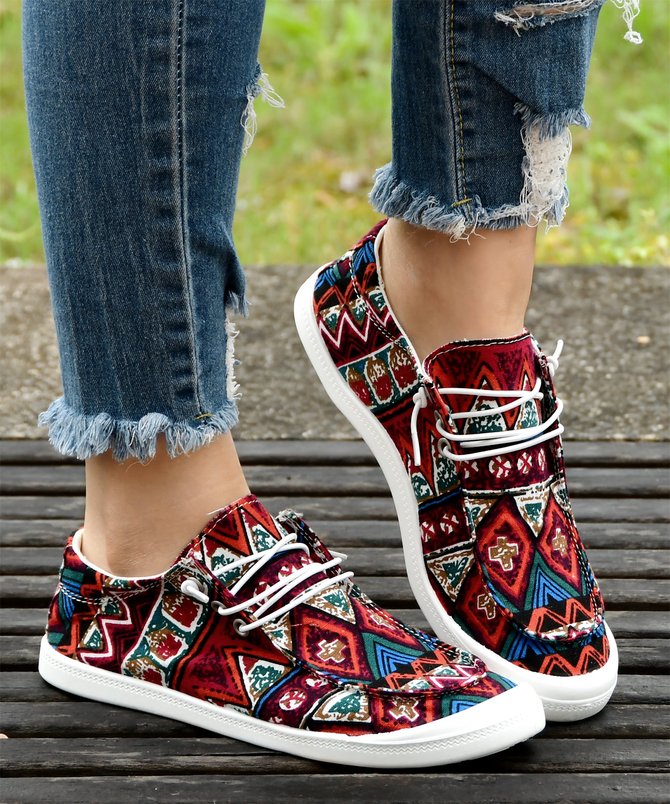 (small-size) Geometric Ethnic Graphic-Print Denim Lace-Up Canvas Flats