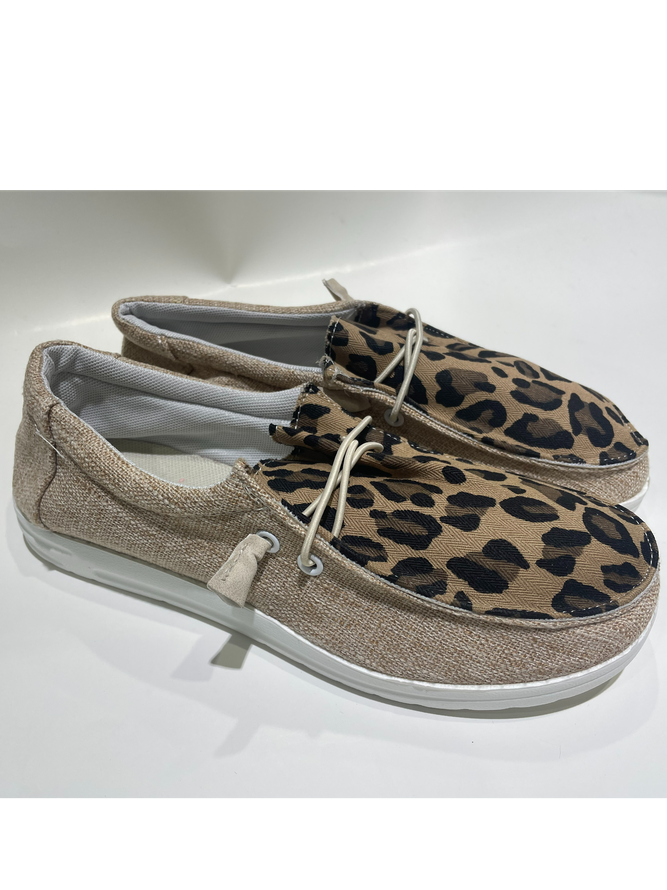 Leopard print stitching canvas shoes women's flat shoes slip on
