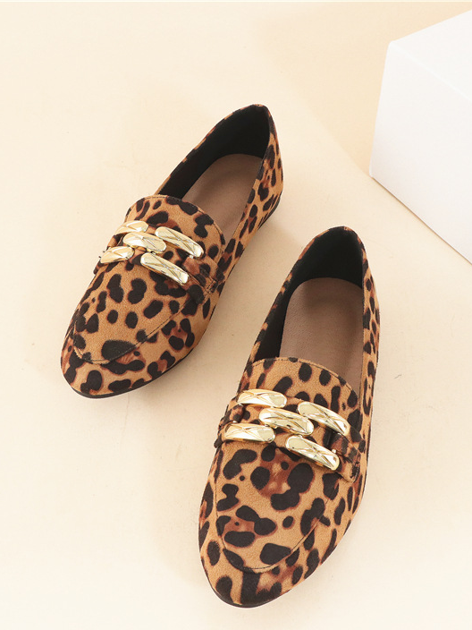 Leopard print women's suede slip-on shoes with metal trim flats