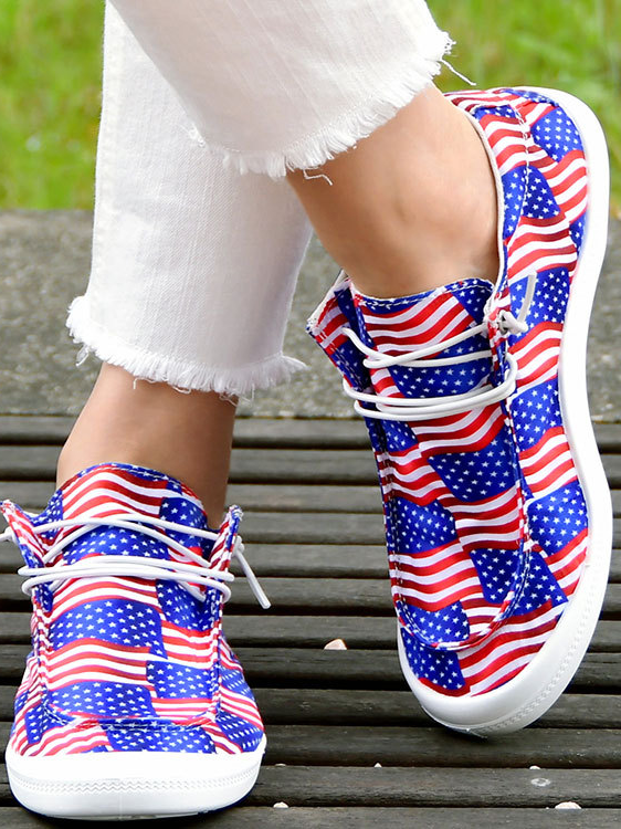 (small-size) Striped Star Graphic-Print Denim Lace-Up Canvas Flats
