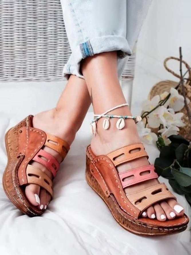 Cutout Contrast Straps Wedge Slippers