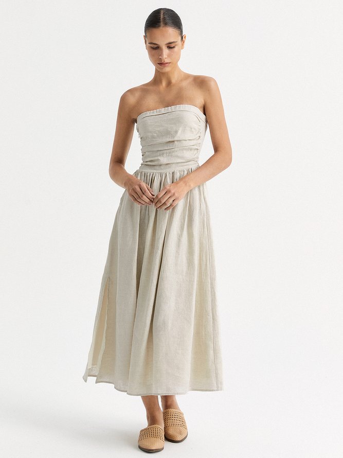 100% Linen Plain Cold Shoulder Dress