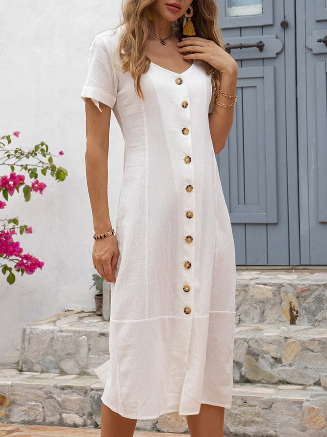 Summer Buttoned Solid Casual Shirt Weaving Dress