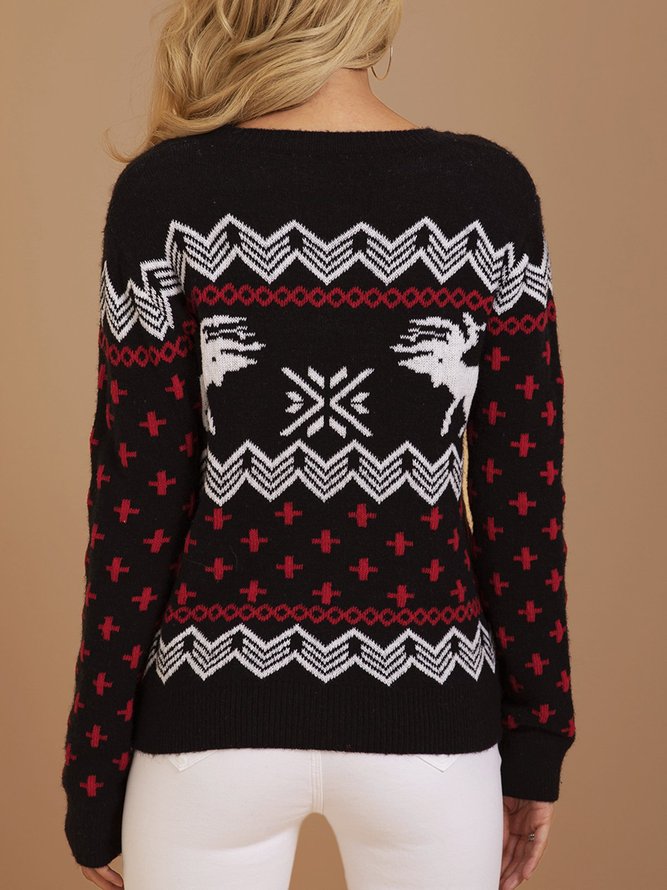 Black Animal Crew Neck Casual Knitted Sweater