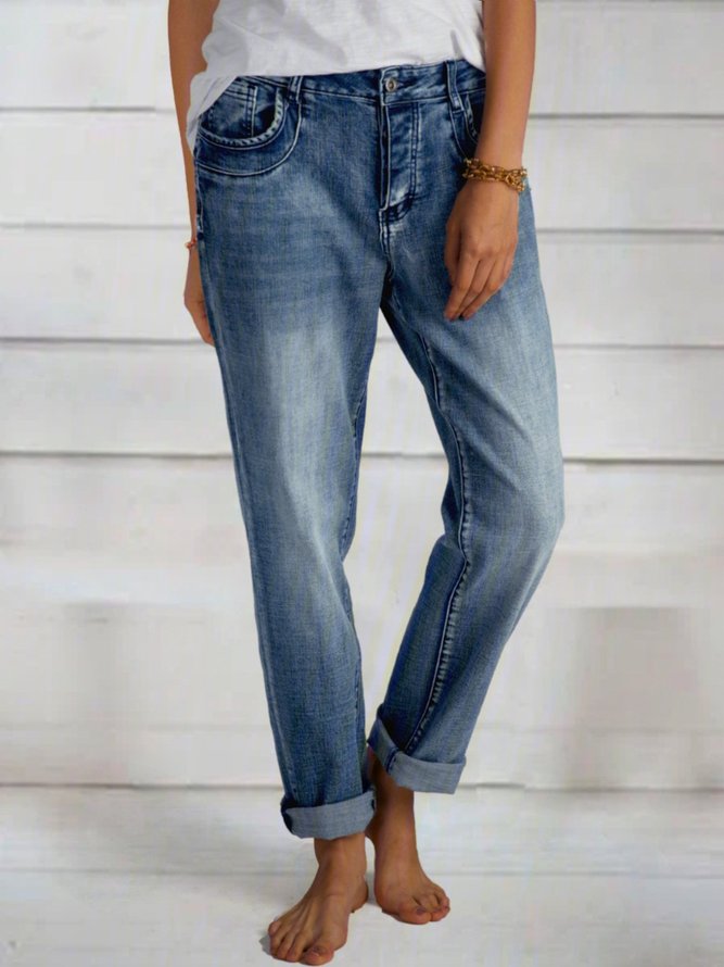 Plus Size Blue Denim Simple Solid Pockets Jeans