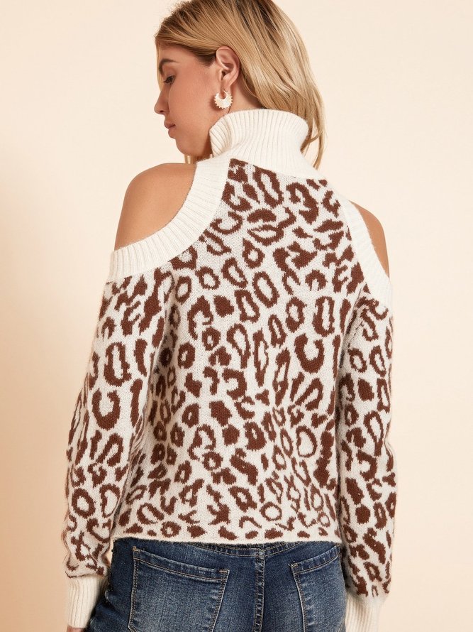 Brown Knitted Long Sleeve Leopard Cold Shoulder Sweater