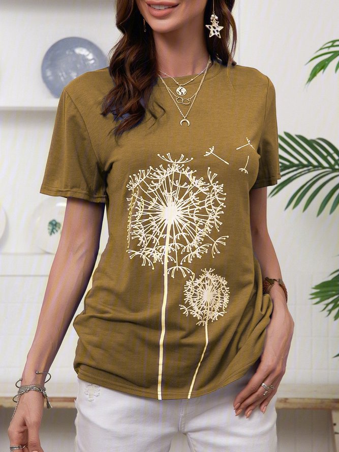 Dandelion Print Cotton-Blend Short Sleeve Casual T-Shirts
