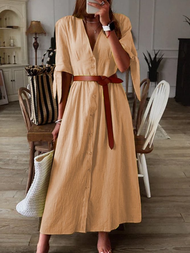 Women Half Sleeve V-neck Solid  Elegant Casual Plus Size  Dress