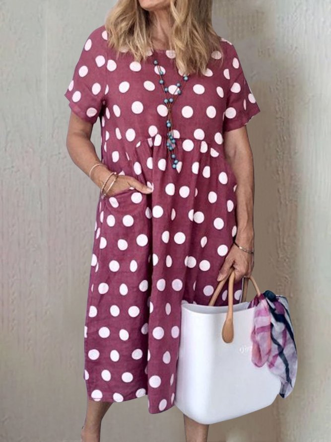 Women Polka Dots Pockets Casual Summer Weaving Dress