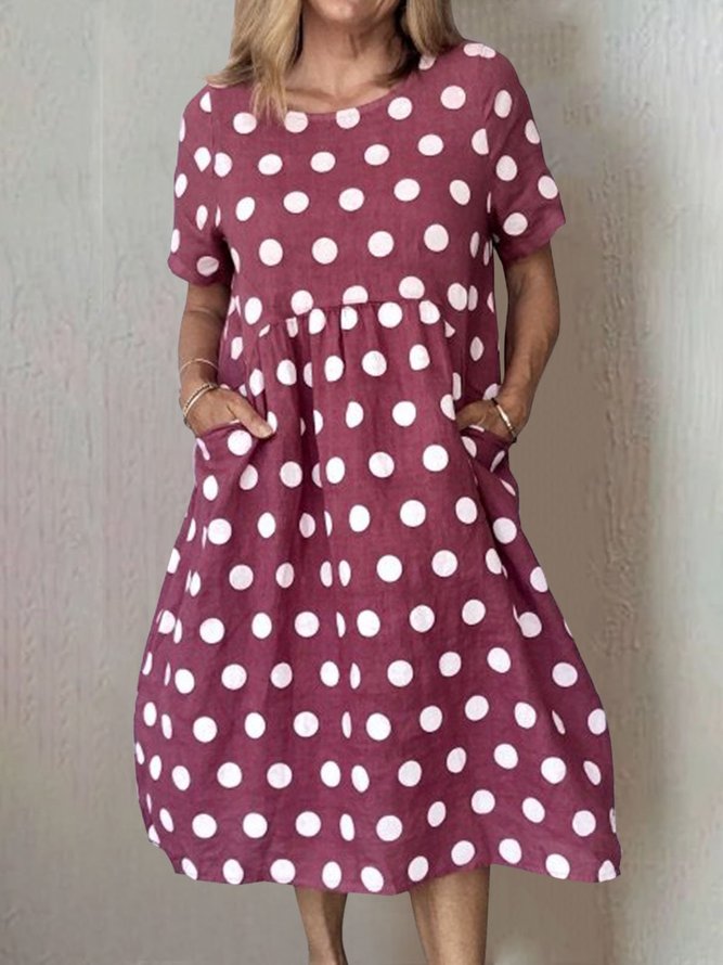 Women Polka Dots Pockets Casual Summer Weaving Dress
