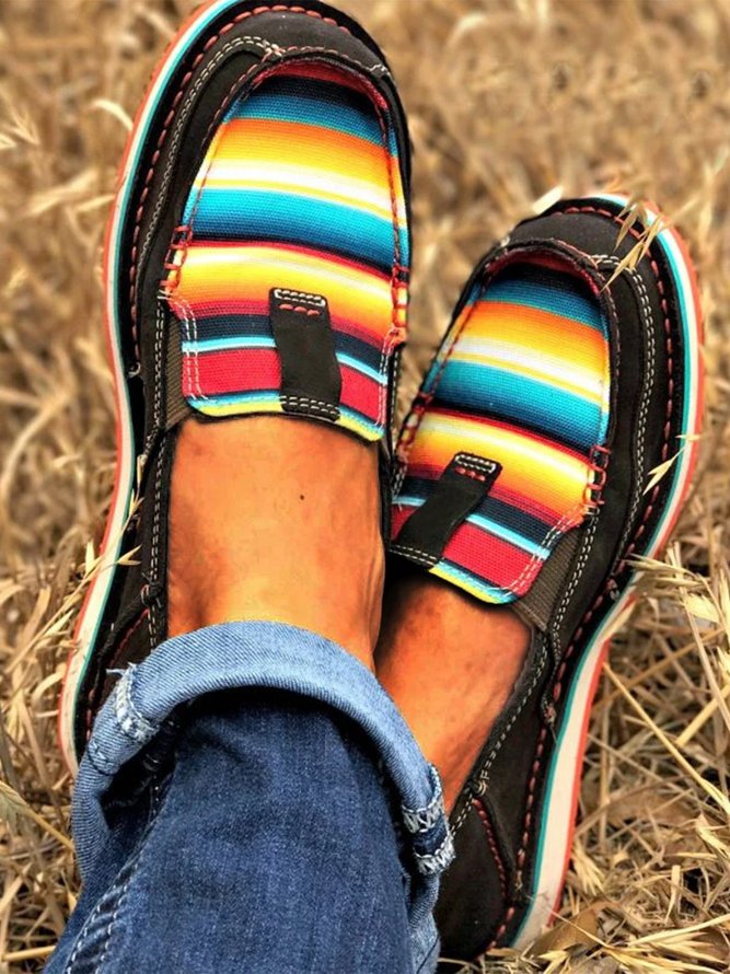 Rainbow Stitching Retro Flats Round Toe Slip-Ons