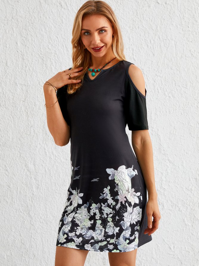 Off Shoulder Floral-Print Casual Knitting Dress