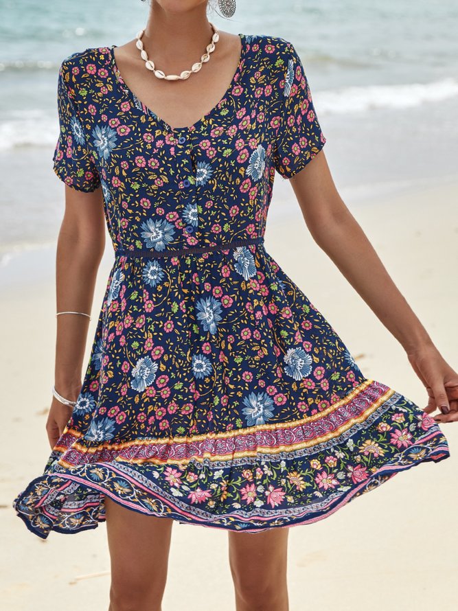 Short Sleeve V Neck Holiday Floral-Print Weaving Dress