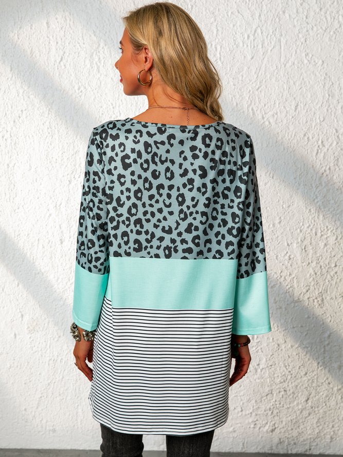 Casual Cotton-Blend 3/4 Sleeve Leopard-Print T-shirt