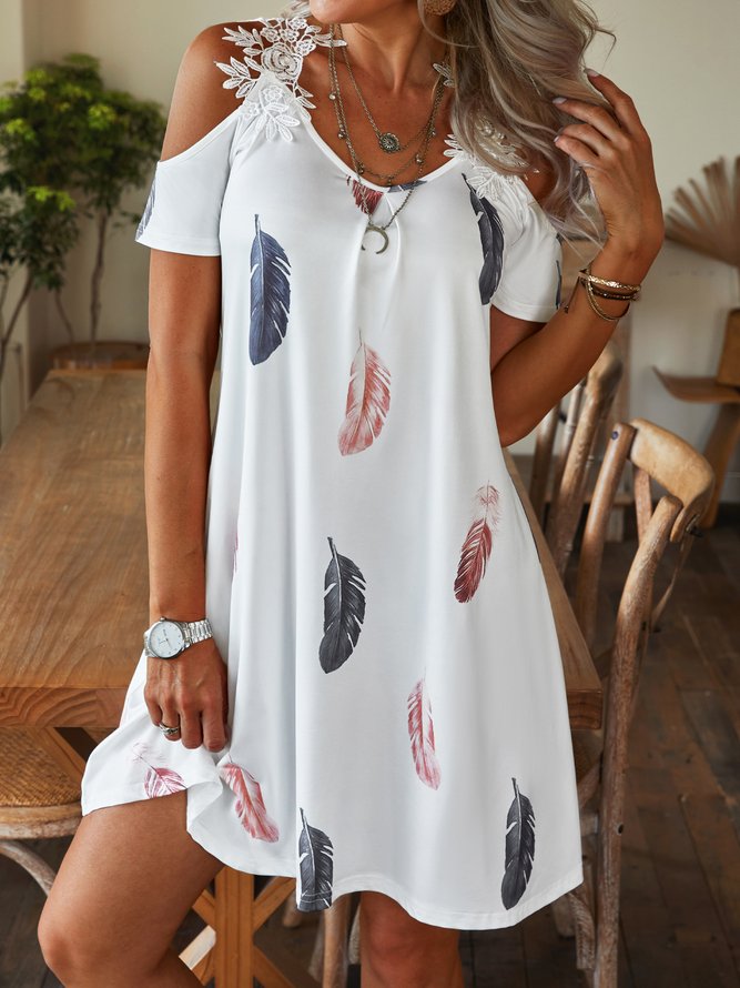 Feather V neck Casual Short Sleeve Dress