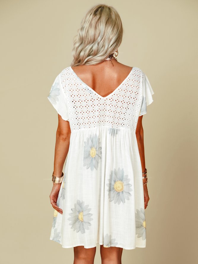 White Floral V Neck Short Sleeve Cotton Weaving Dress