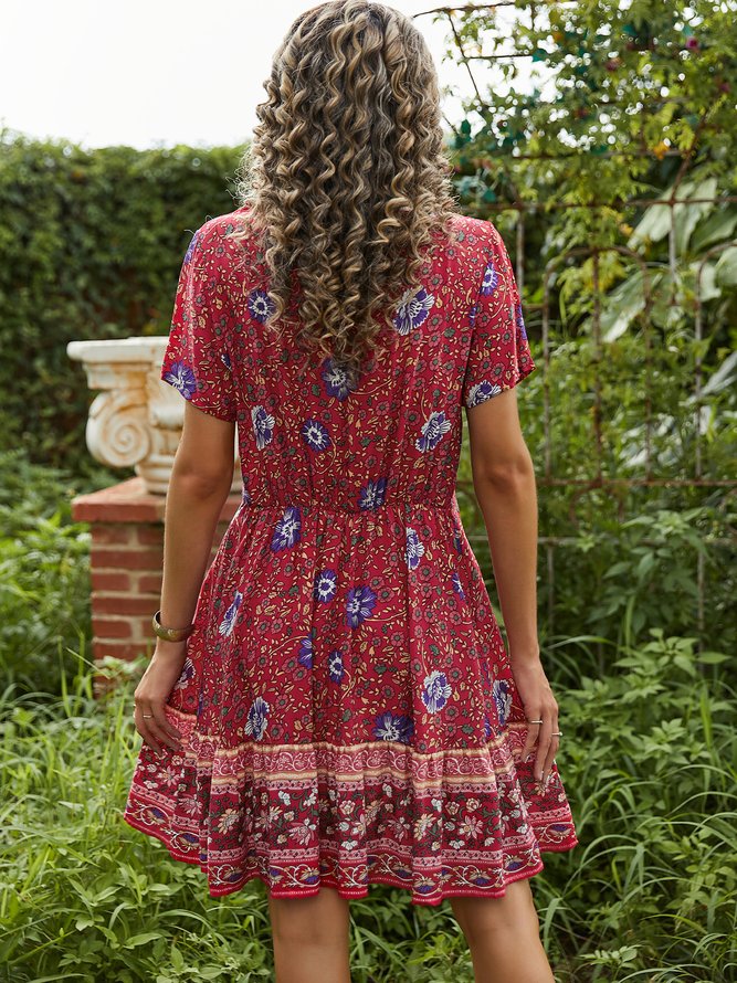 Floral-Print Resort Tribal Short Sleeve Weaving Dress