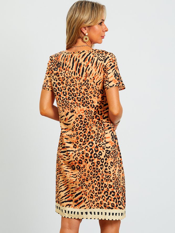 Leopard  Short Sleeve  Printed  Polyester  V neck  Vintage  Summer  Orange Dress