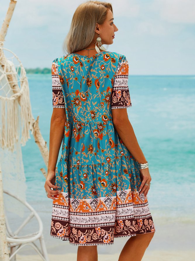 Holiday Printed Floral Crew Neck Dress