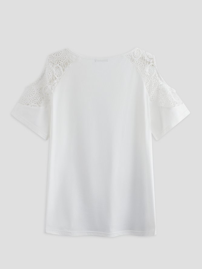 Holiday floral print stitched lace wide truffle shoulder top T-shirt