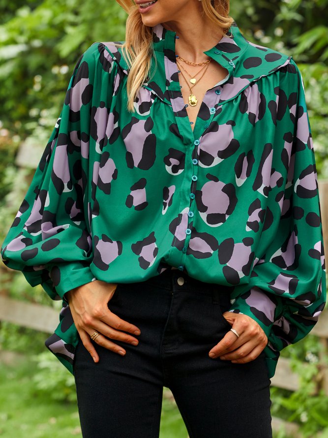 Leopard Stand Collar Casual Long Sleeve Blouse