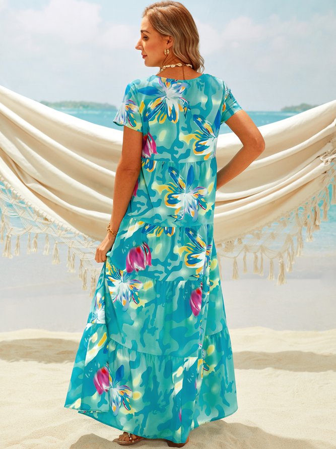 Plus Size Floral Print Short Sleeve Casual Maxi Dress
