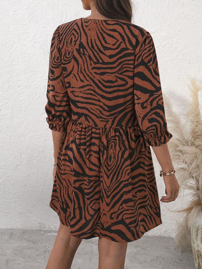 Brown V Neck Cotton-Blend Boho Leopard Weaving Dress