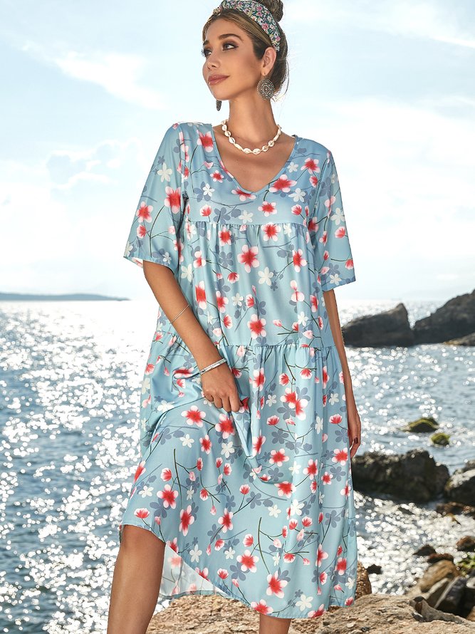 Resort Floral-Print Short Sleeve Weaving Dress