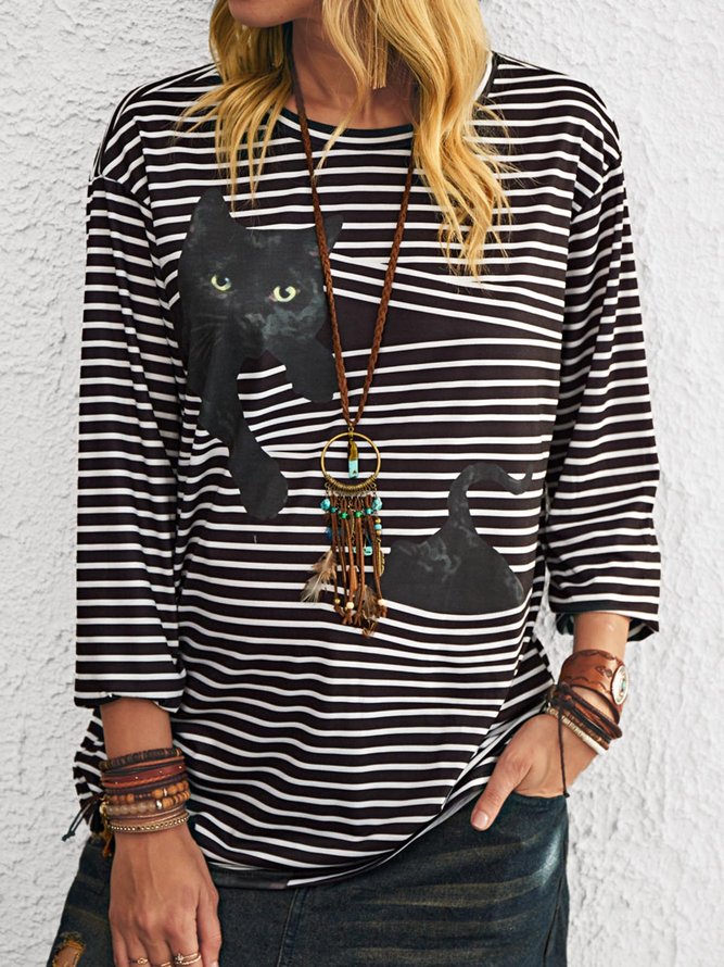 Plus size Stripes Casual Long Sleeve Tops