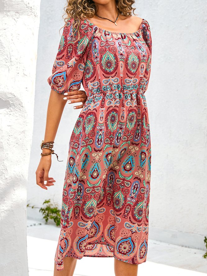 A-Line Floral-Print Casual Weaving Dress
