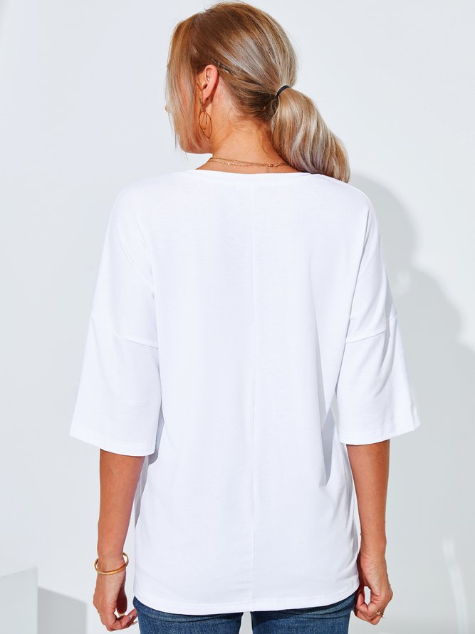 Plus Size V Neck Floral-Print Short Sleeve Cotton-Blend T-shirt
