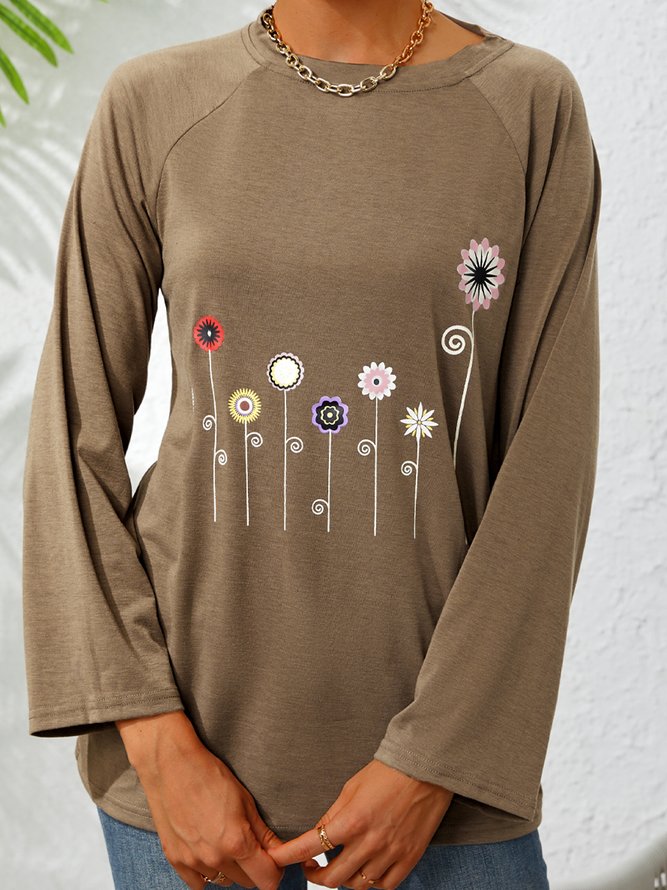 Casual Floral Crew Neck Long Sleeve Tops